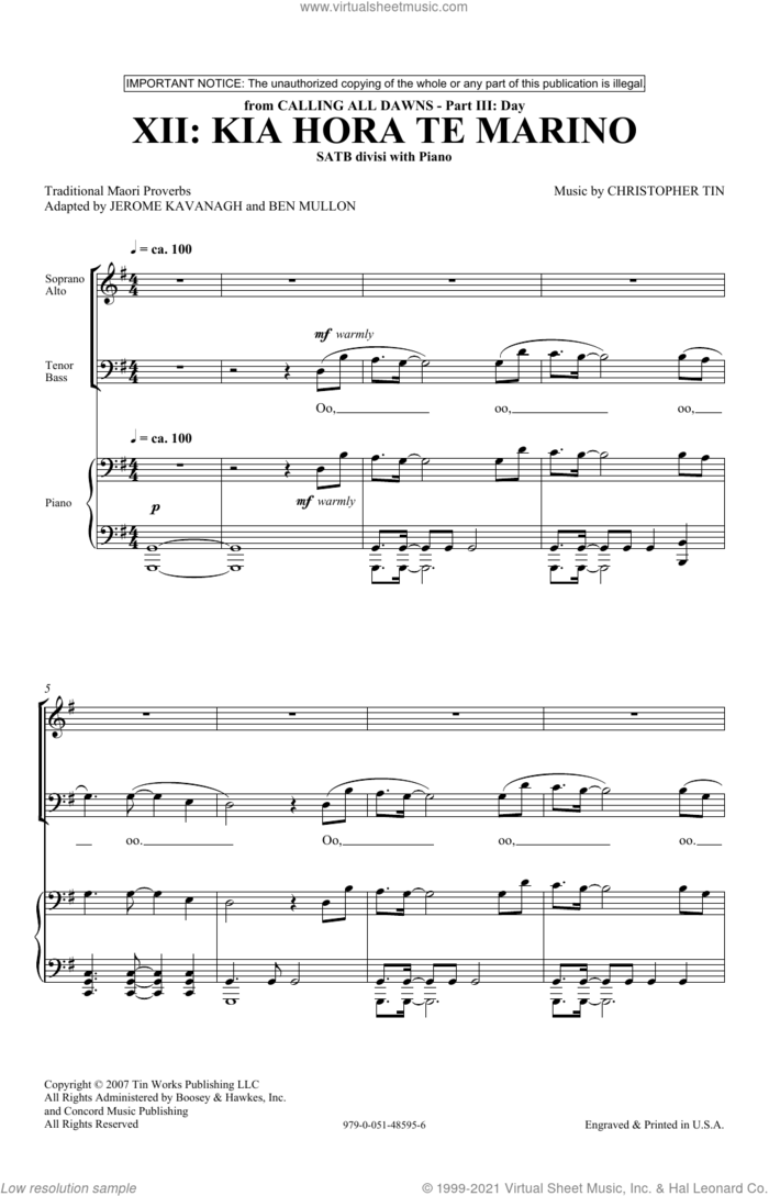 Kia Hora Te Marino sheet music for choir (SATB divisi) by Christopher Tin, Ben Mullon, Jerome Kavanagh and Traditional Maori Proverbs, intermediate skill level