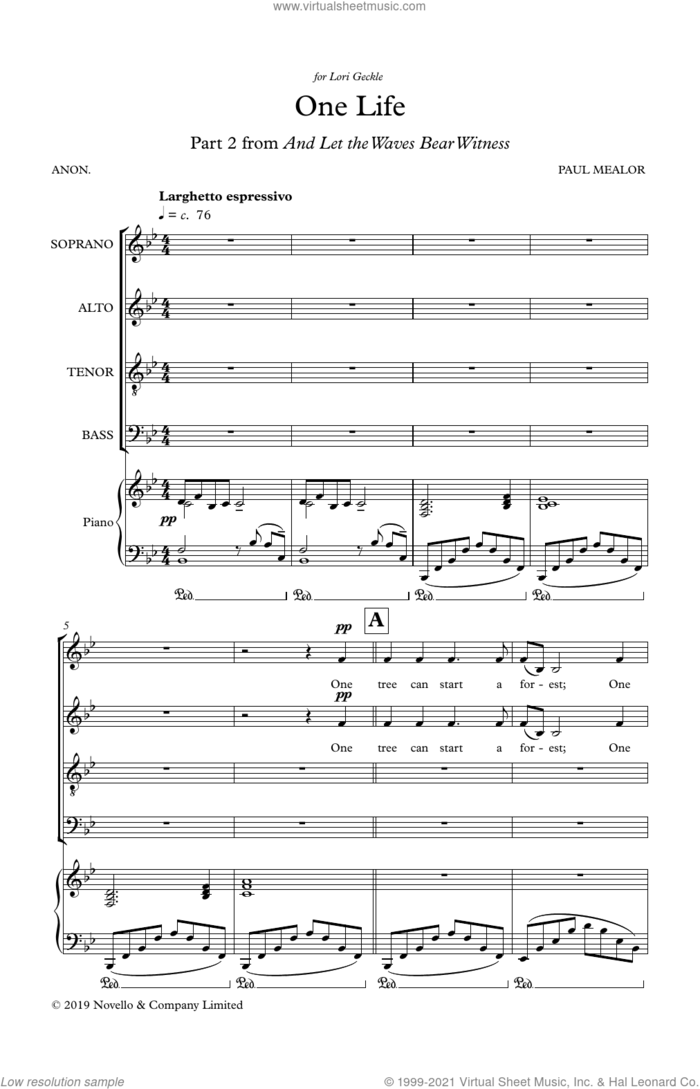 One Life sheet music for choir (SATB: soprano, alto, tenor, bass) by Paul Mealor, intermediate skill level