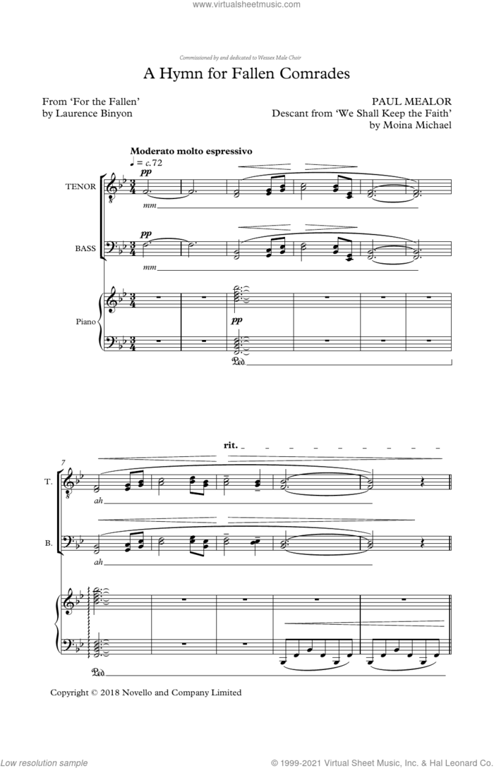 A Hymn For Fallen Comrades sheet music for choir (TTBB: tenor, bass) by Paul Mealor, Laurence Binyon and Moina Michael, intermediate skill level