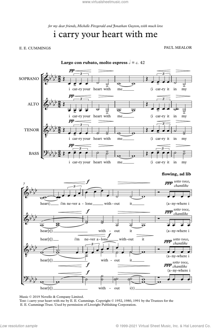 I Carry Your Heart With Me sheet music for choir (SATB: soprano, alto, tenor, bass) by Paul Mealor and E.E. Cummings, intermediate skill level