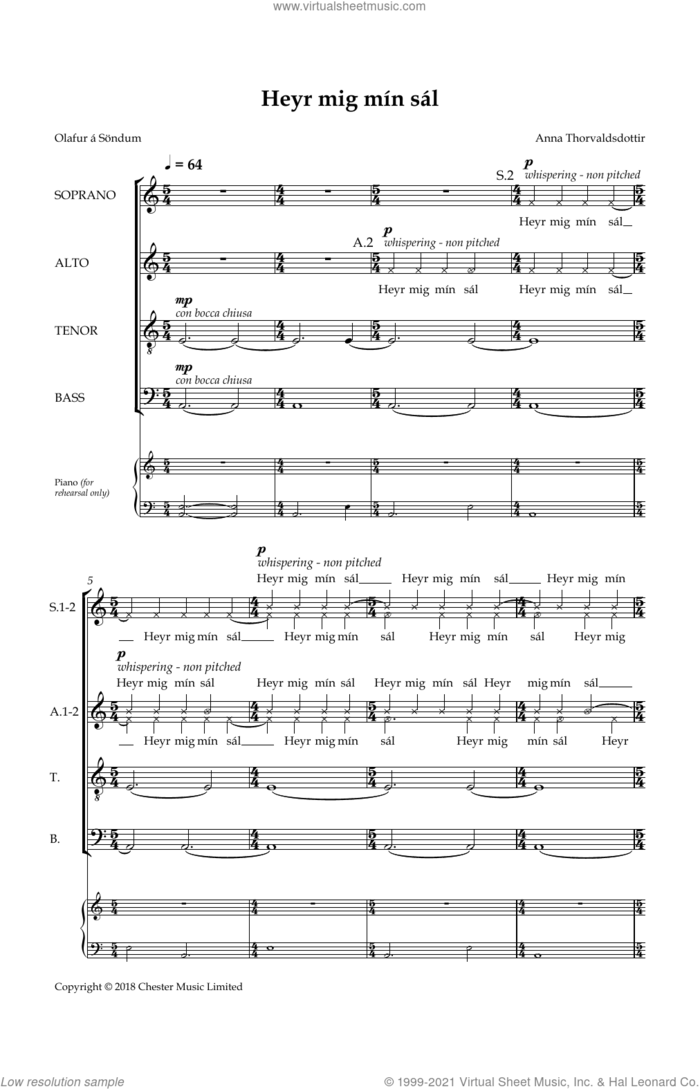 Heyr Mig Min Sal sheet music for choir (SATB: soprano, alto, tenor, bass) by Anna Thorvaldsdottir and Olafur a Sondum, intermediate skill level
