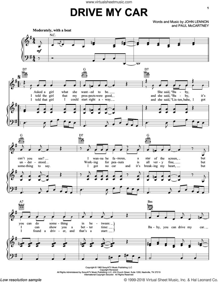 Drive My Car sheet music for voice, piano or guitar by The Beatles, John Lennon and Paul McCartney, intermediate skill level