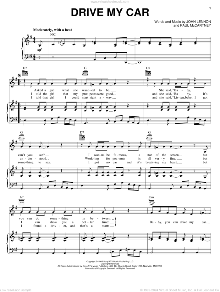 Drive My Car sheet music for voice, piano or guitar by The Beatles, John Lennon and Paul McCartney, intermediate skill level