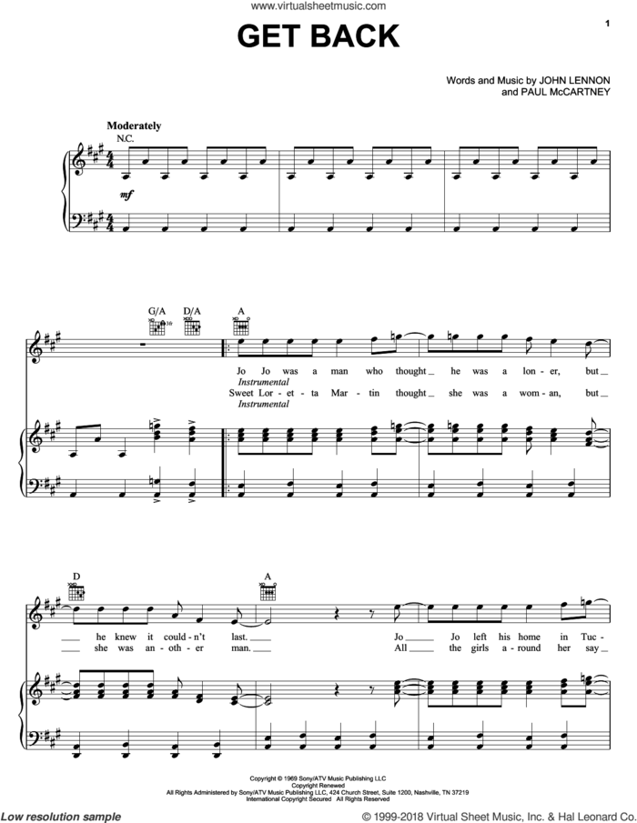 Get Back sheet music for voice, piano or guitar by The Beatles, Billy Preston, John Lennon and Paul McCartney, intermediate skill level
