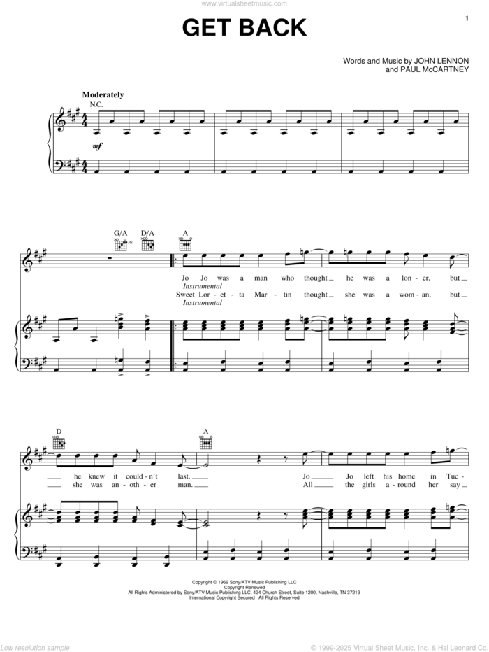 Get Back sheet music for voice, piano or guitar by The Beatles, Billy Preston, John Lennon and Paul McCartney, intermediate skill level