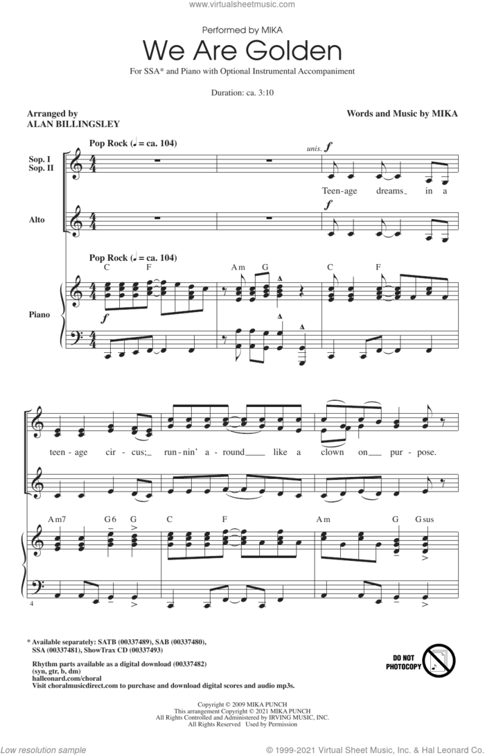 We Are Golden (arr. Alan Billingsley) sheet music for choir (SSA: soprano, alto) by Mika and Alan Billingsley, intermediate skill level