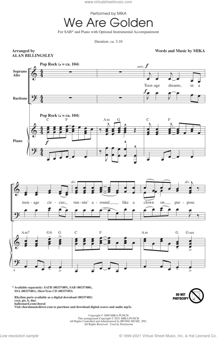 We Are Golden (arr. Alan Billingsley) sheet music for choir (SAB: soprano, alto, bass) by Mika and Alan Billingsley, intermediate skill level