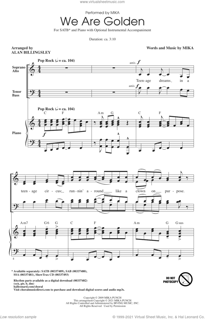 We Are Golden (arr. Alan Billingsley) sheet music for choir (SATB: soprano, alto, tenor, bass) by Mika and Alan Billingsley, intermediate skill level