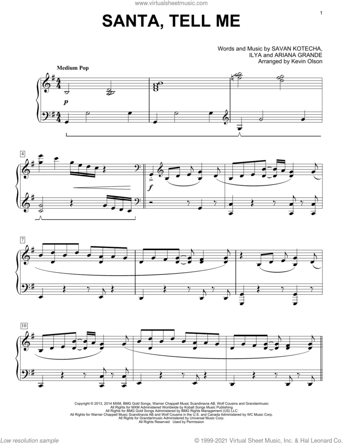 Santa Tell Me (arr. Kevin Olson) sheet music for voice and other instruments (E-Z Play) by Ariana Grande, Kevin Olson, Ilya and Savan Kotecha, easy skill level