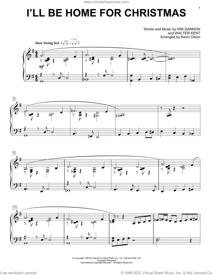 I'll Be Home For Christmas (arr. Kevin Olson) sheet music for voice and other instruments (E-Z Play) by Kim Gannon, Kevin Olson and Walter Kent, easy skill level
