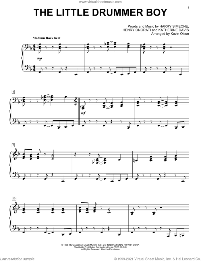 The Little Drummer Boy (arr. Kevin Olson) sheet music for voice and other instruments (E-Z Play) by Gloria Gaynor, Kevin Olson, Harry Simeone, Henry Onorati and Katherine Davis, easy skill level