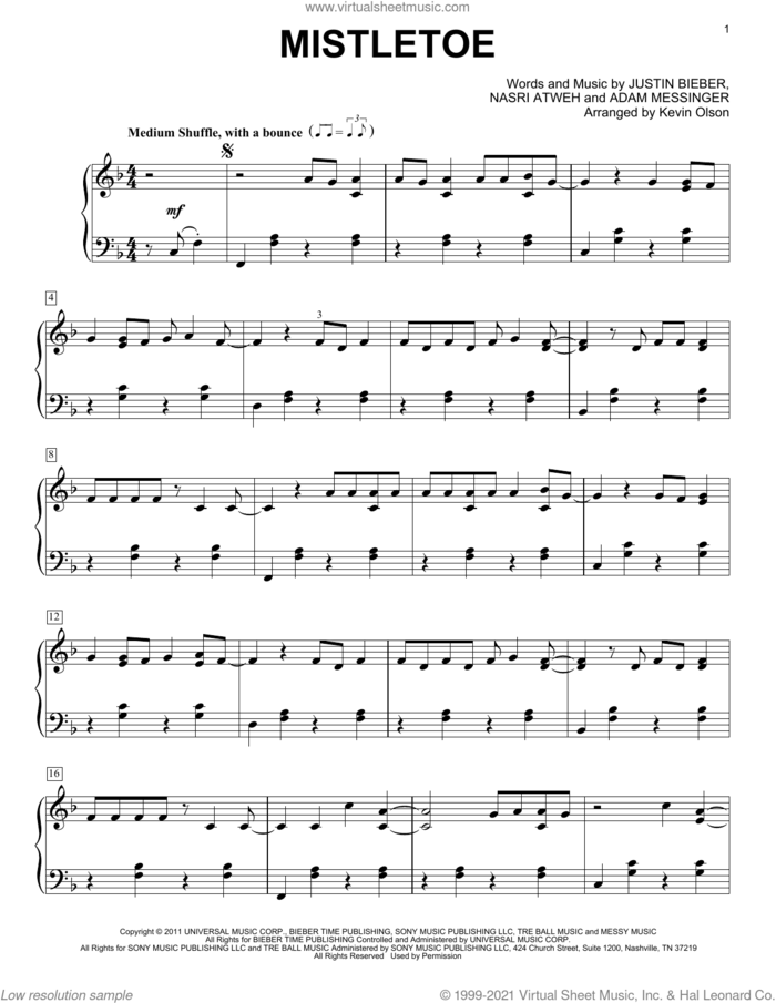 Mistletoe (arr. Kevin Olson) sheet music for voice and other instruments (E-Z Play) by Justin Bieber, Kevin Olson, Adam Messinger and Nasri Atweh, easy skill level