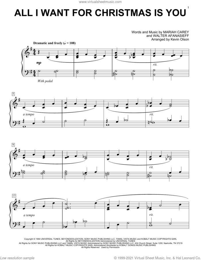 All I Want For Christmas Is You (arr. Kevin Olson) sheet music for voice and other instruments (E-Z Play) by Mariah Carey, Kevin Olson and Walter Afanasieff, easy skill level