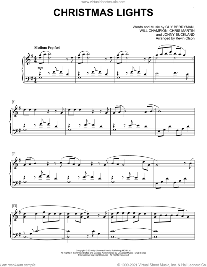 Christmas Lights (arr. Kevin Olson) sheet music for voice and other instruments (E-Z Play) by Coldplay, Kevin Olson, Chris Martin, Guy Berryman, Jonny Buckland and Will Champion, easy skill level