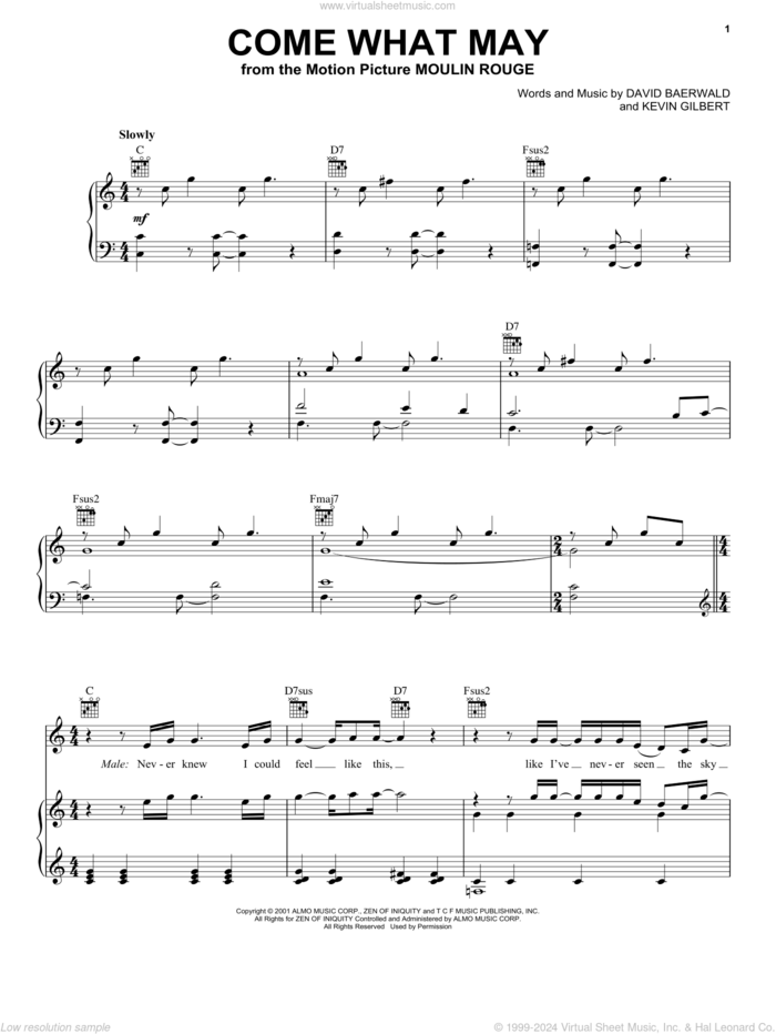 Come What May (from Moulin Rouge) sheet music for voice, piano or guitar by Nicole Kidman & Ewan McGregor, Ewan McGregor, Moulin Rouge (Movie), Nicole Kidman, Nicole Kidman and Ewan McGregor and David Baerwald, intermediate skill level