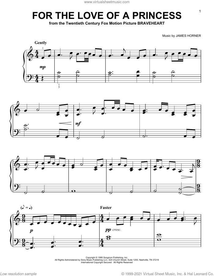 For The Love Of A Princess (from Braveheart), (easy) sheet music for piano solo by James Horner, easy skill level