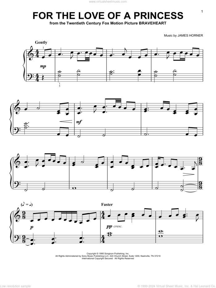 For The Love Of A Princess (from Braveheart), (easy) sheet music for piano solo by James Horner, easy skill level