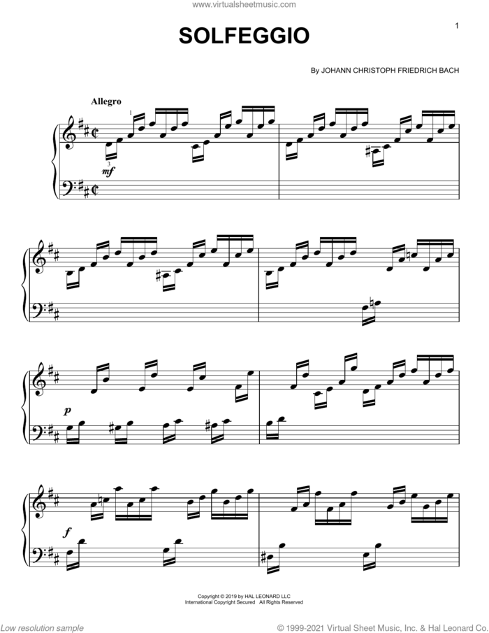 Solfeggio sheet music for piano solo by Johann C.F. Bach, classical score, easy skill level