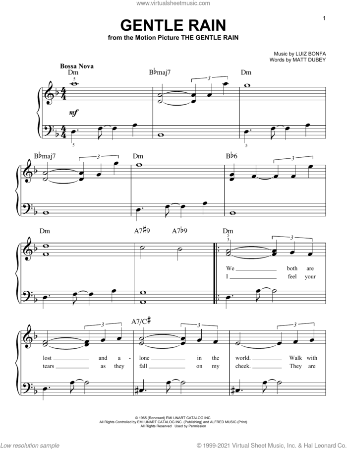 Gentle Rain, (beginner) sheet music for piano solo by Matt Dubey and Luiz Bonfa, beginner skill level