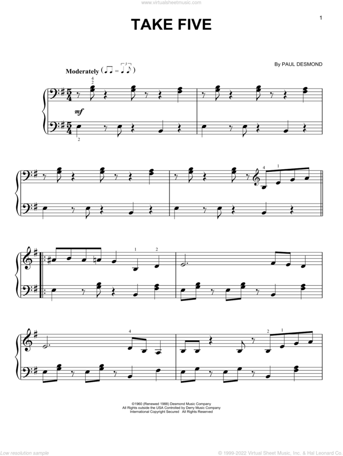 Take Five sheet music for piano solo by Paul Desmond, beginner skill level