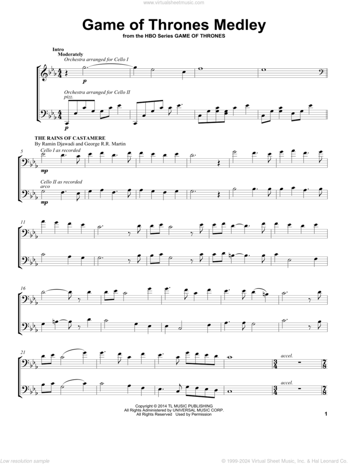 Game Of Thrones Medley sheet music for two cellos (duet, duets) by 2Cellos and Ramin Djawadi, intermediate skill level
