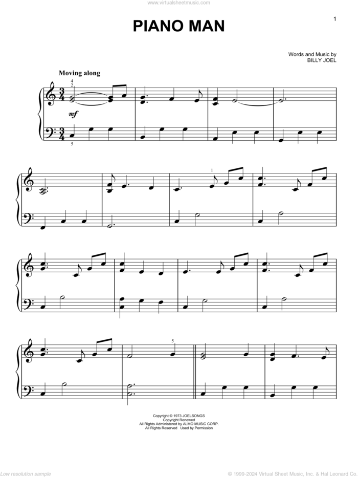 Piano Man, (easy) sheet music for piano solo by Billy Joel, easy skill level