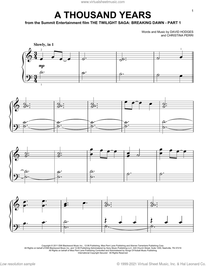 A Thousand Years sheet music for piano solo by Christina Perri and David Hodges, wedding score, easy skill level