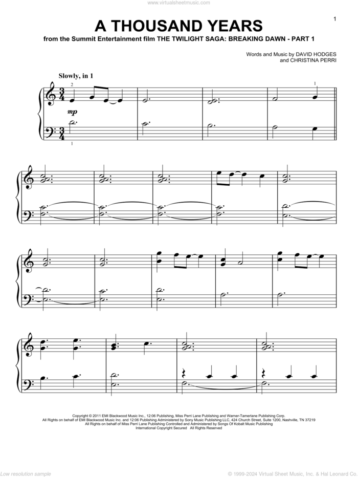 A Thousand Years sheet music for piano solo by Christina Perri and David Hodges, wedding score, easy skill level