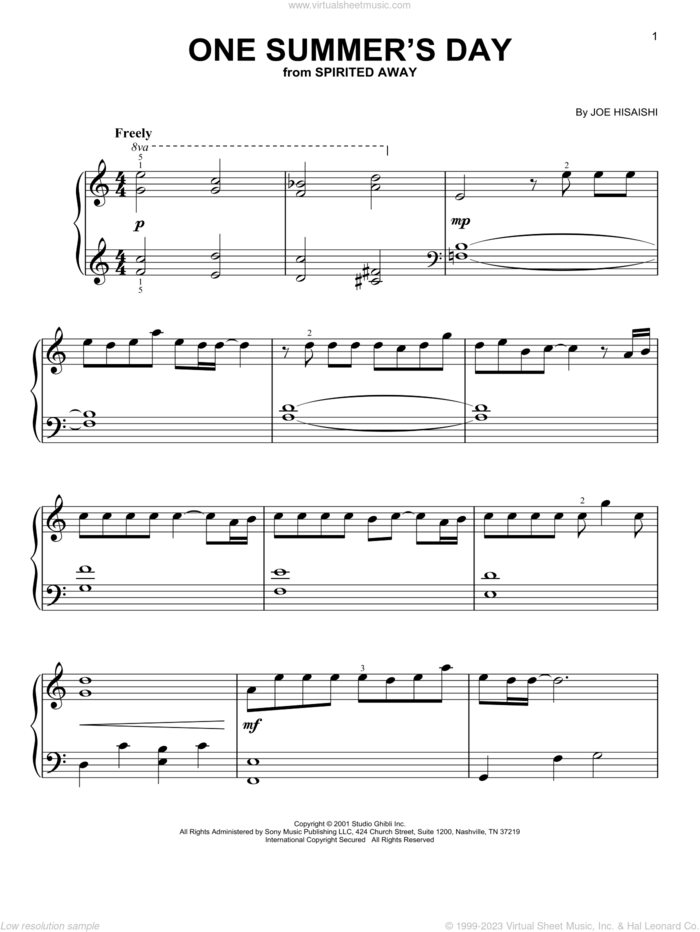 One Summer's Day (from Spirited Away) sheet music for piano solo by Joe Hisaishi, easy skill level