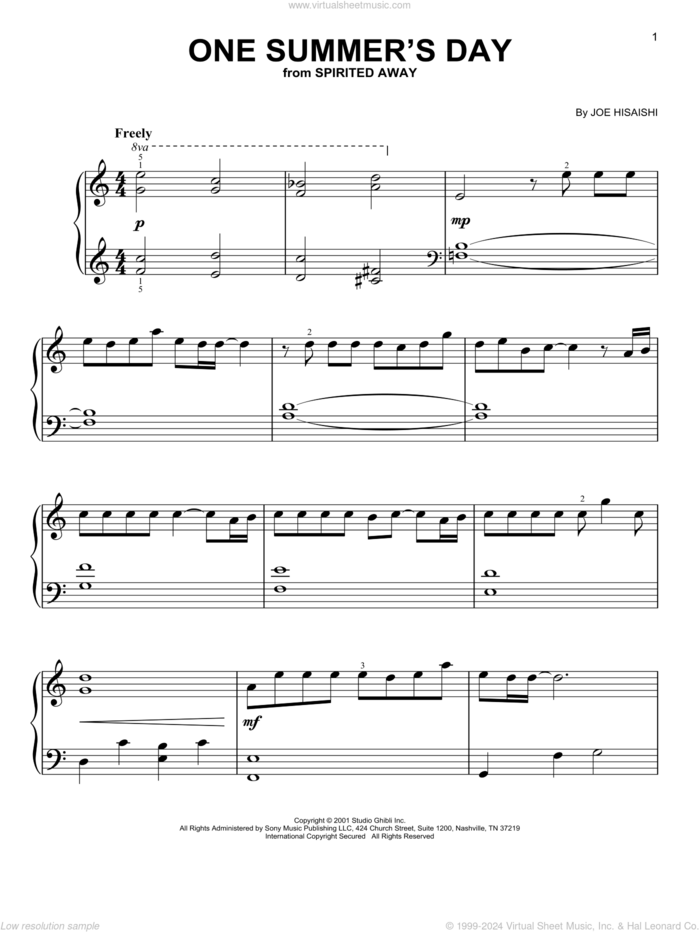 One Summer's Day (from Spirited Away) sheet music for piano solo by Joe Hisaishi, easy skill level