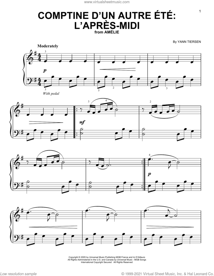 Comptine d'un autre ete: L'apres-midi sheet music for piano solo by Yann Tiersen, classical score, easy skill level