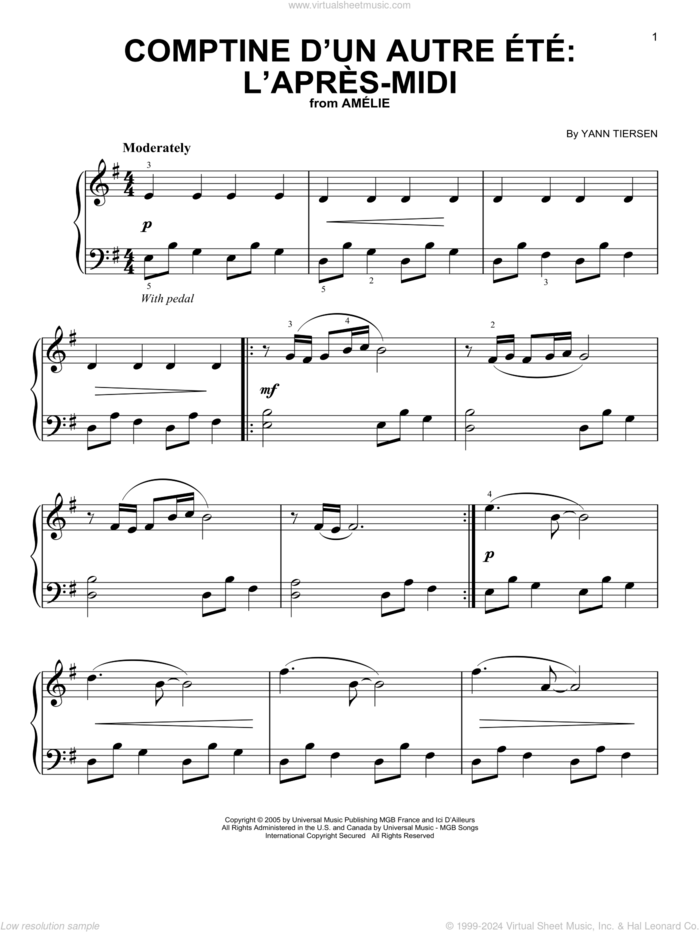 Comptine d'un autre ete: L'apres-midi sheet music for piano solo by Yann Tiersen, classical score, easy skill level