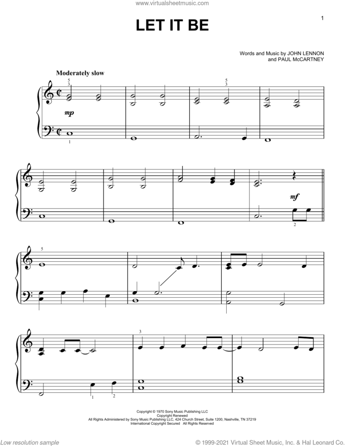 Let It Be, (easy) sheet music for piano solo by The Beatles, John Lennon and Paul McCartney, easy skill level