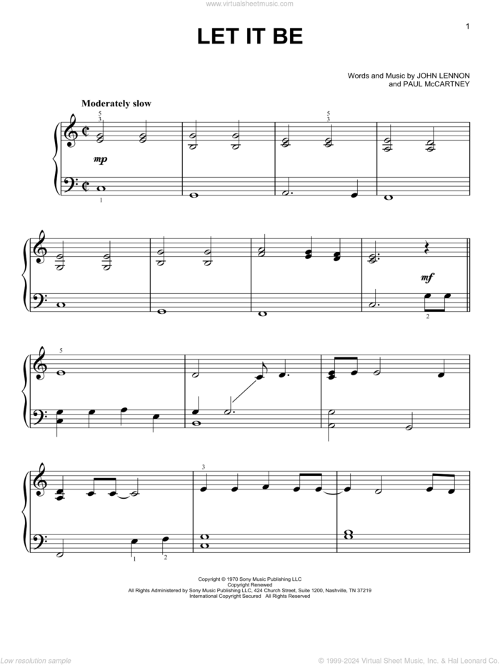 Let It Be sheet music for piano solo by The Beatles, John Lennon and Paul McCartney, easy skill level