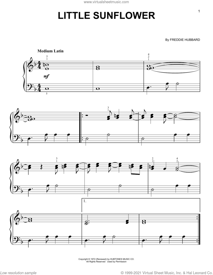 Little Sunflower sheet music for piano solo by Freddie Hubbard, beginner skill level