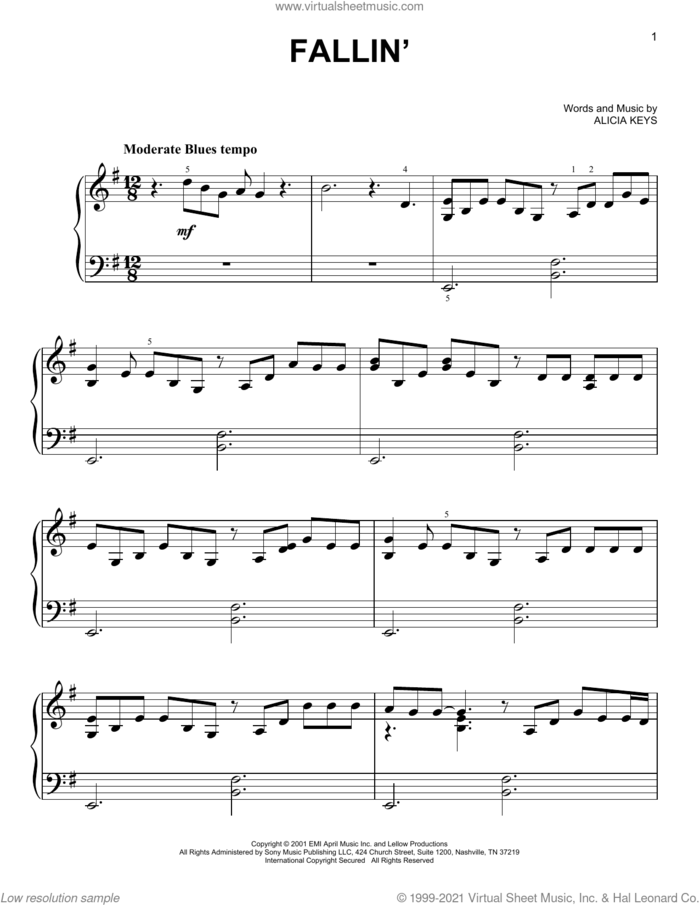 Fallin' sheet music for piano solo by Alicia Keys, easy skill level