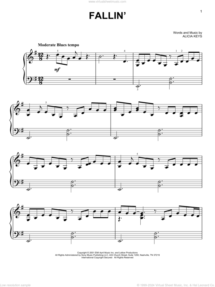 Fallin' sheet music for piano solo by Alicia Keys, easy skill level