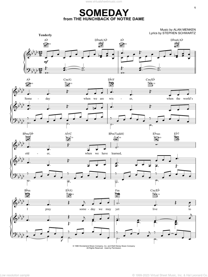 Someday (from The Hunchback Of Notre Dame) sheet music for voice, piano or guitar by All-4-One, Donna Summer, Alan Menken and Stephen Schwartz, intermediate skill level
