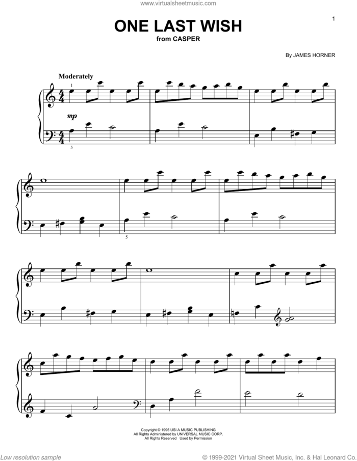 One Last Wish (from Casper), (easy) sheet music for piano solo by James Horner, easy skill level