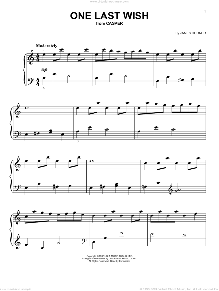 One Last Wish (from Casper), (easy) sheet music for piano solo by James Horner, easy skill level