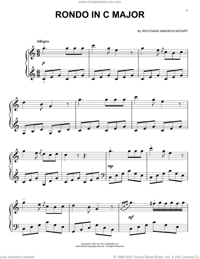Rondo In C Major sheet music for piano solo by Wolfgang Amadeus Mozart, classical score, easy skill level