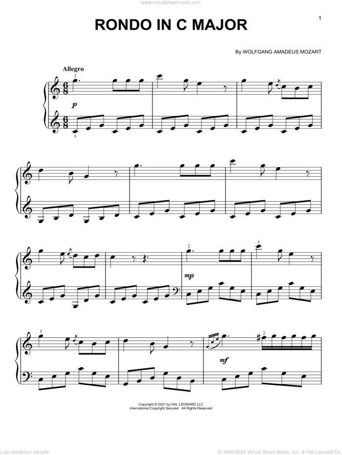 Rondo In C Major sheet music for piano solo by Wolfgang Amadeus Mozart, classical score, easy skill level