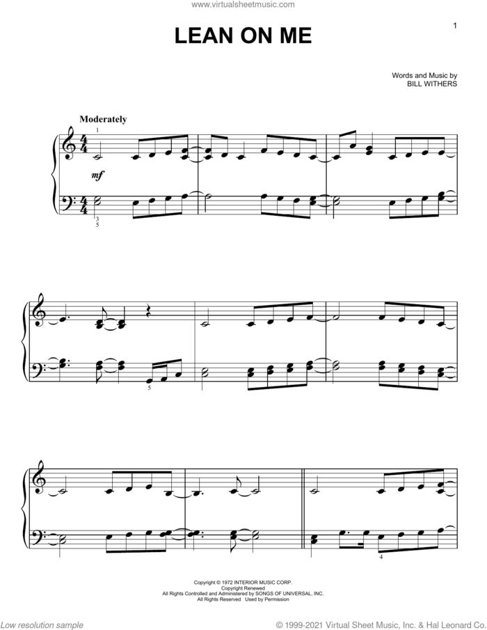 Lean On Me sheet music for piano solo by Bill Withers, easy skill level
