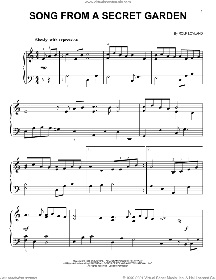 Song From A Secret Garden, (easy) sheet music for piano solo by Secret Garden and Rolf Lovland, easy skill level