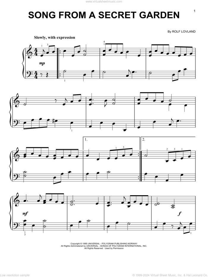 Song From A Secret Garden, (easy) sheet music for piano solo by Secret Garden and Rolf Lovland, easy skill level