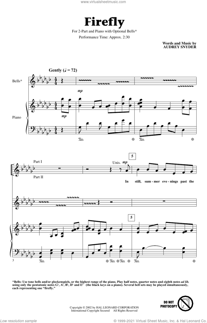 Firefly sheet music for choir (2-Part) by Audrey Snyder, intermediate duet