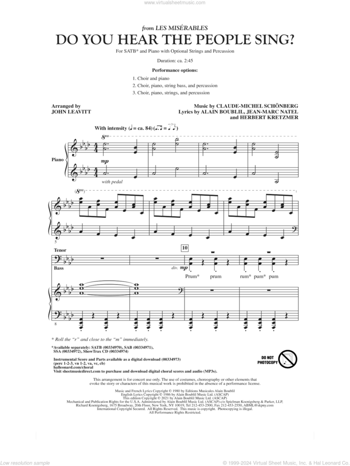 Do You Hear The People Sing? (from Les Miserables) (arr. John Leavitt) sheet music for choir (SATB: soprano, alto, tenor, bass) by Boublil & Schönberg, John Leavitt, Alain Boublil, Claude-Michel Schonberg, Herbert Kretzmer and Jean-Marc Natel, intermediate skill level