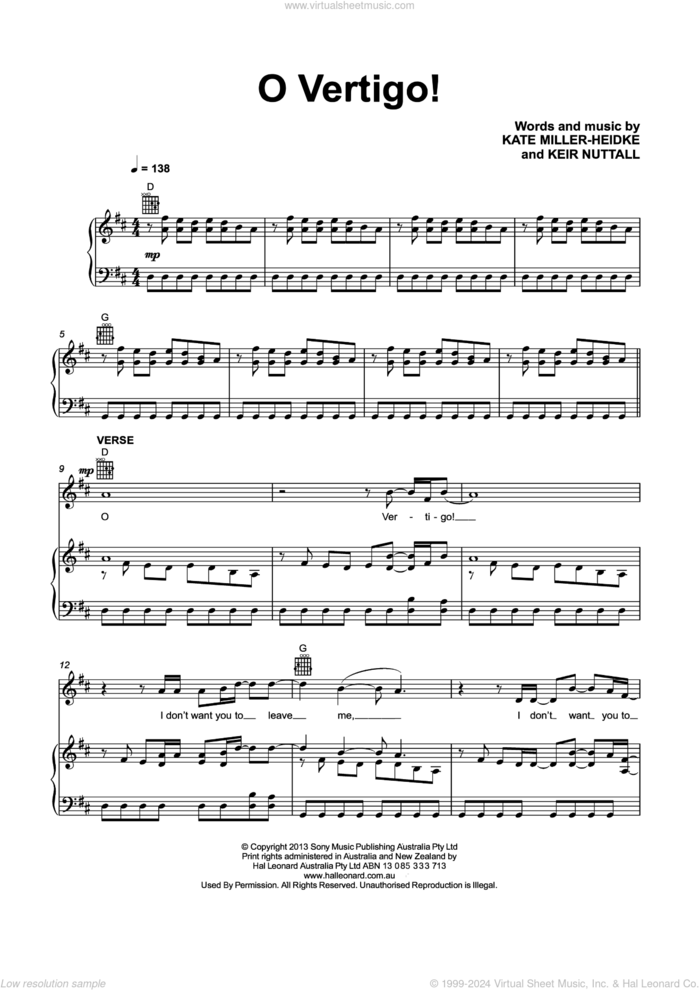O Vertigo! sheet music for voice, piano or guitar by Kate Miller-Heidke and Keir Nuttall, intermediate skill level