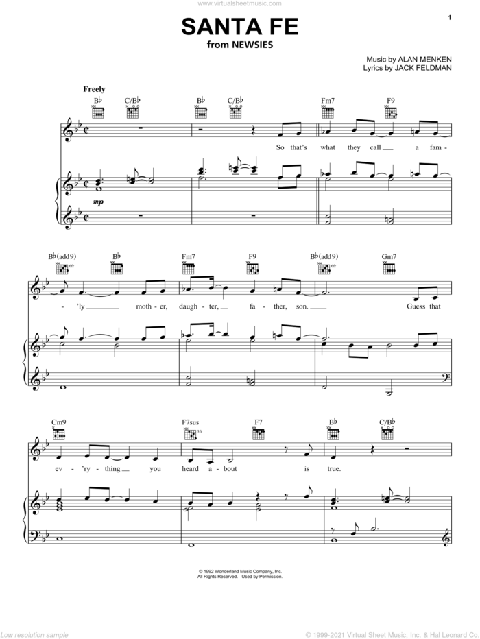 Santa Fe sheet music for voice, piano or guitar by Jack Feldman, Newsies (Musical) and Alan Menken, intermediate skill level