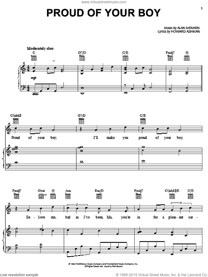 Proud Of Your Boy (from Aladdin) sheet music for voice, piano or guitar by Howard Ashman and Alan Menken, intermediate skill level